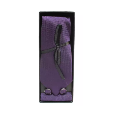 Purple Solid Checkered Tie Set (Cufflinks + Pocket Square)